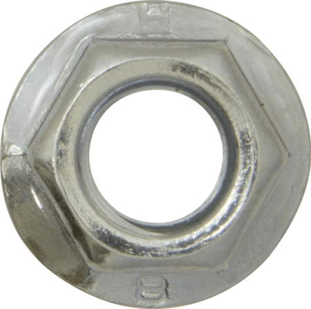 Metric Serrated Flange Nuts, 5–12mm - close-up view showing serrated flange and hex shape for secure grip.
