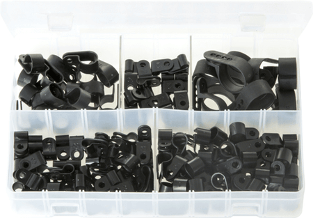Assorted Nylon P-Clips - Cable & Hose Fasteners 160 Pc P-Clips Assorted Box - Durable Nylon Cable & Hose Clips