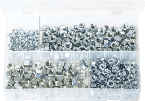 Assorted steel nuts in UNF Zinc stored in a clear organizer box, showcasing various sizes and zinc plating for corrosion resistance.