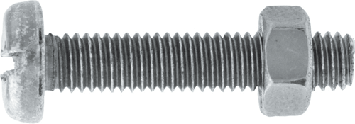 Assorted Machine Screws Nuts & Washers Metric, showing a silver machine screw with a nut, ideal for various assembly tasks.