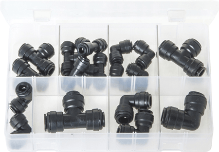 Assorted Quick-Fit Couplings - Elbows + Tees, Metric 17 Pc Assorted Quick-Fit Couplings - Elbows + Tees, Metric 17 Pc