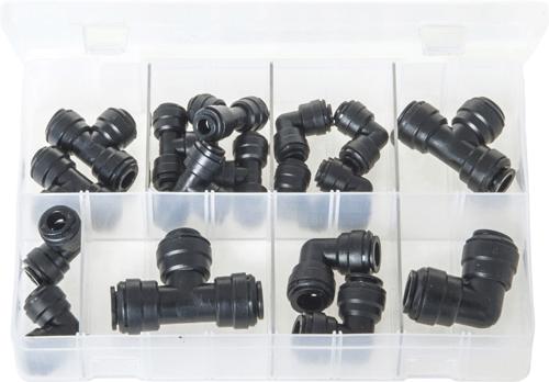Assorted Quick-Fit Couplings - Elbows + Tees, Metric 17 Pc Assorted Quick-Fit Couplings - Elbows + Tees, Metric 17 Pc