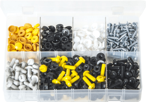 Assorted Number Plate Fasteners in various colors organized in a clear storage box for easy access and use.