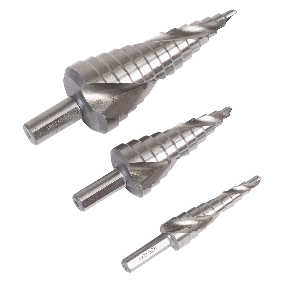 Sealey HSS 4341 Step Drill Set 3pc Spiral Flute Sealey HSS 4341 Step Drill Set 3pc Spiral Flute