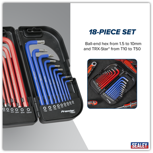 Sealey Long Anti-slip TRX-Star Hex Key Set 18pc anti-slip TRX-Star hex key set - 18pc Professional Tools