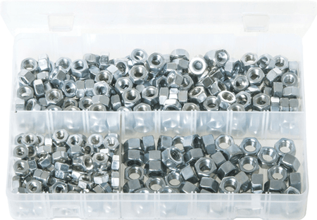Assorted stainless steel UNC Zinc nuts in a storage box for durable fastening solutions.