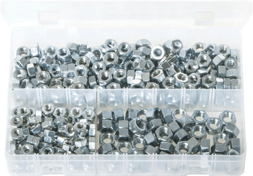 Assorted stainless steel UNC Zinc nuts in a storage box for durable fastening solutions.