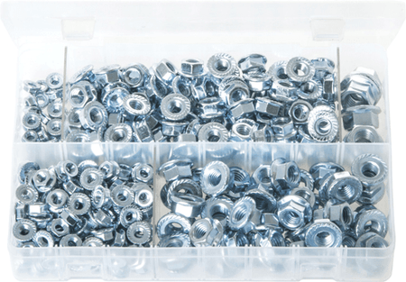 Metric Serrated Flange Nuts, 5–12mm collection in a transparent box for secure fastening solutions.