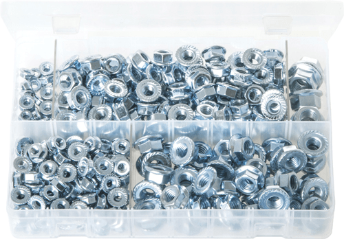 Metric Serrated Flange Nuts, 5–12mm collection in a transparent box for secure fastening solutions.