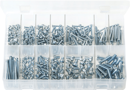 Assorted metal screws and nuts organized in a clear storage container for easy access and use.