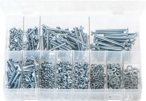 Assorted Machine Screws Nuts & Washers Metric in a clear storage container for easy organization and access.