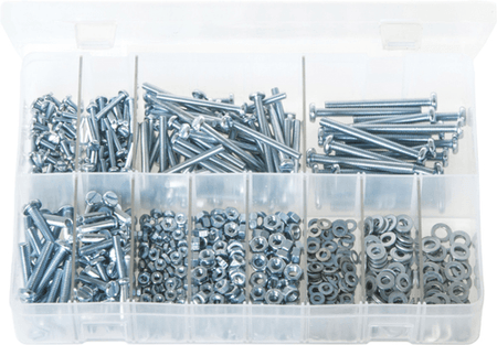 Assorted Machine Screws Nuts & Washers Metric in a clear storage container for easy organization and access.