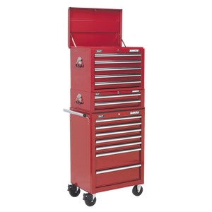 14 Drawer Topchest, Mid-Box Tool Chest & Rollcab Combination with Ball-Bearing Slides - Red