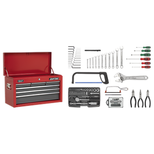 Topchest 6 Drawer with Ball-Bearing Slides - Red/Grey & 98pc Tool Kit